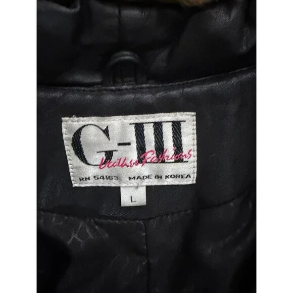 Vintage Black Leather Coat Real Fur Collar Cuffs Womens Made in Korea Sz L